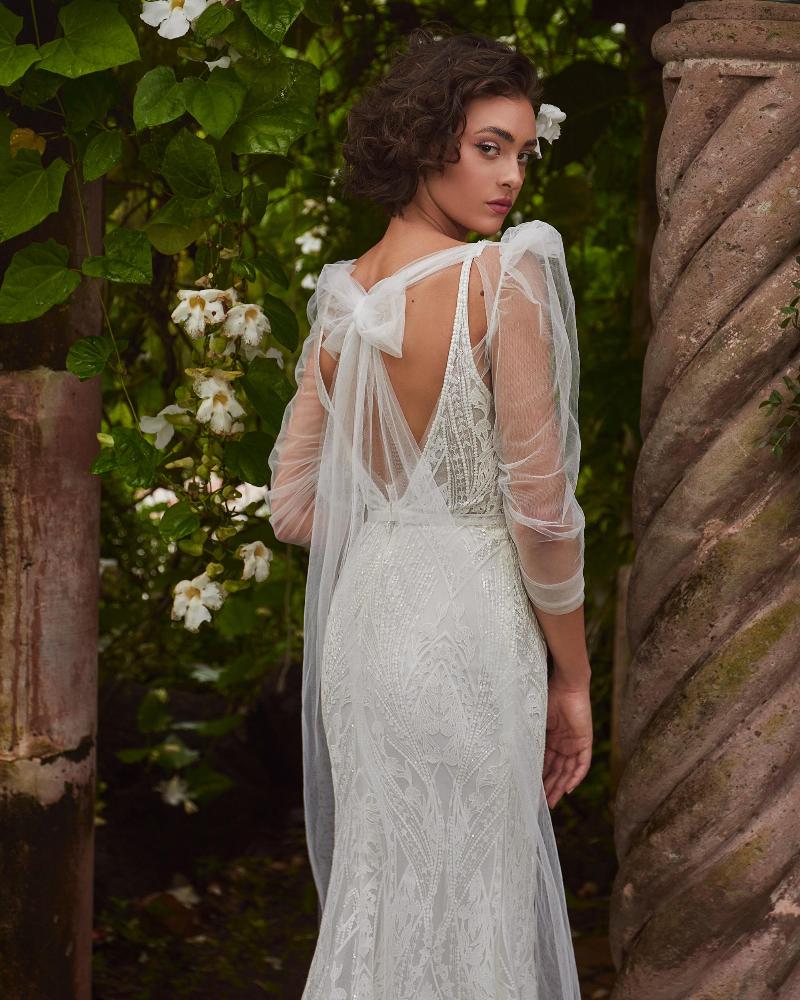 Lp2313 lace bohemian wedding dress with detachable long sleeve jacket4